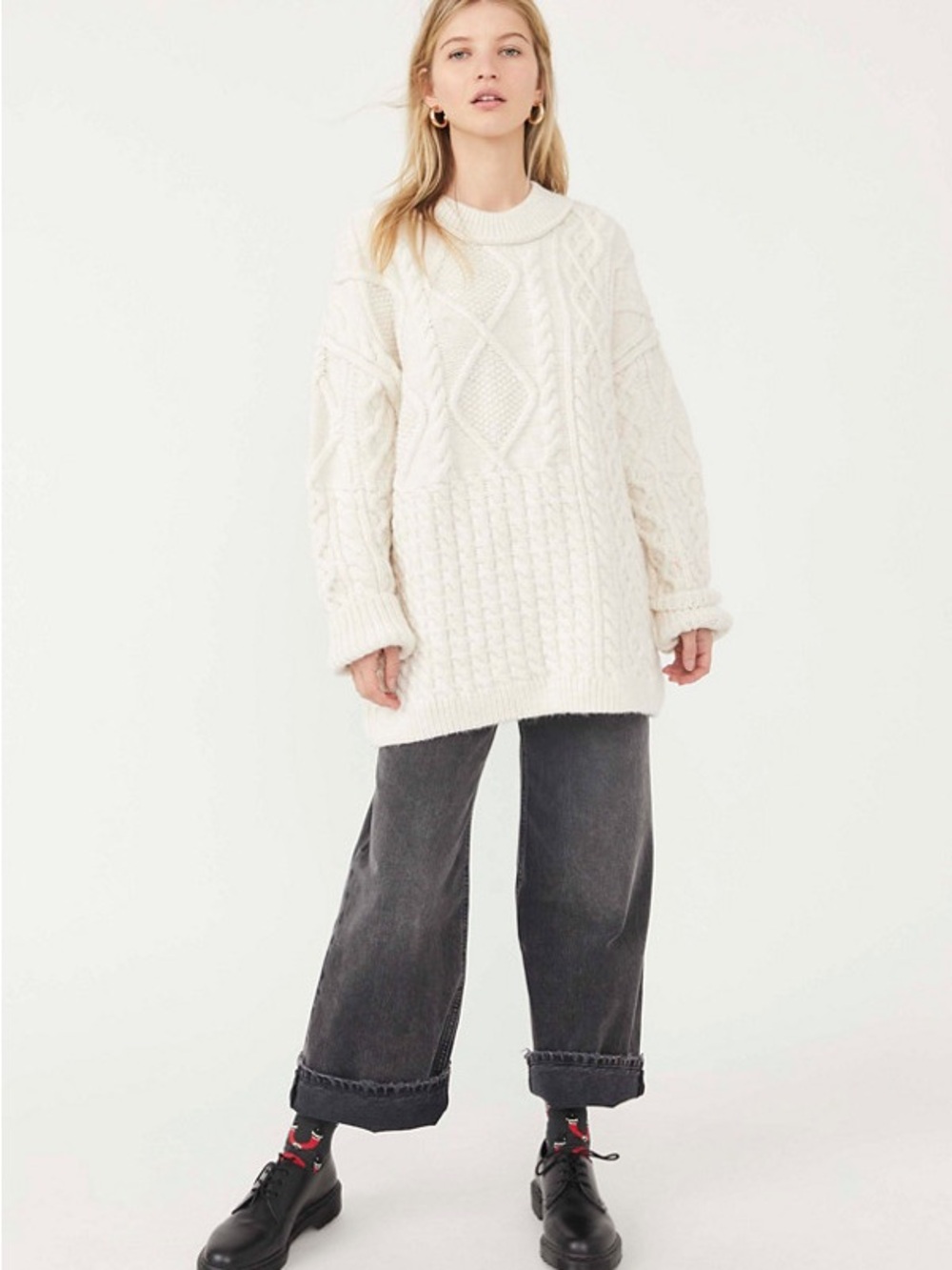 Free People Ivory Cable Knit Long Sleeve Sweater Dress